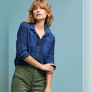 Anthropologie Cloth & Stone Indigo Plaid Mireille Long Sleeve Button Front Shirt